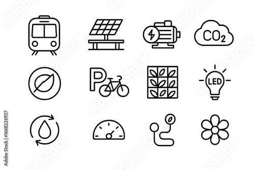 Eco-Friendly Transit Icons. Outline icon set of eco-friendly metro transit: green train, solar panel station,