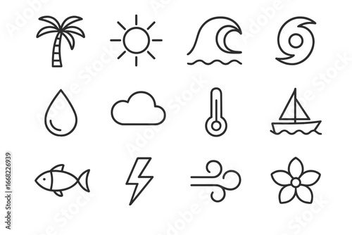 Tropical Weather Icons. Outline icon set of tropical weather systems: palm tree, sun, wave, cyclone symbol,