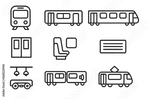 Subway Train Icons. Outline icon set of subway train designs: front view train, side view car, multiple