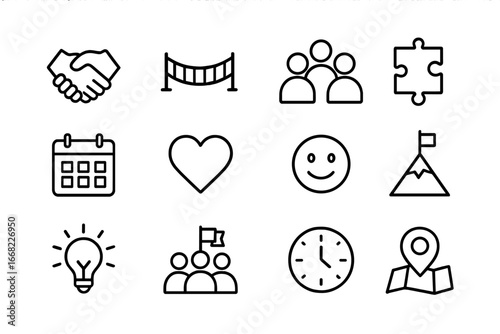 Trust-Building Icon Set. Outline icon set of trust-building activities: handshake, rope bridge, group of