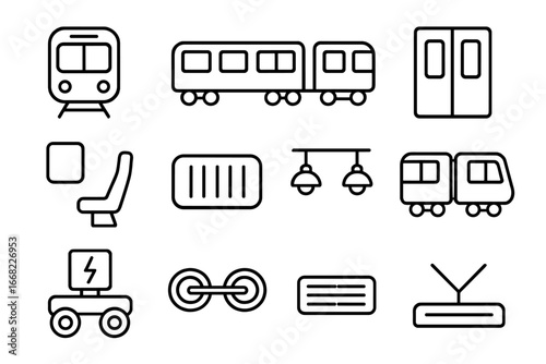 Subway Train Icons. Outline icon set of subway train designs: front view train, side view car, multiple