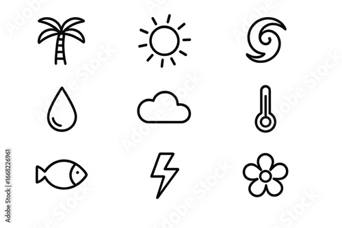 Tropical Weather Icons. Outline icon set of tropical weather systems: palm tree, sun, wave, cyclone symbol,