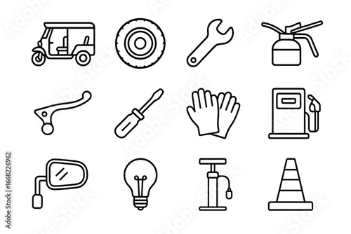 Tuk-Tuk Maintenance Icons. Outline icon set of tuk-tuk repair and maintenance: tuk-tuk, tire, wrench, oil can,