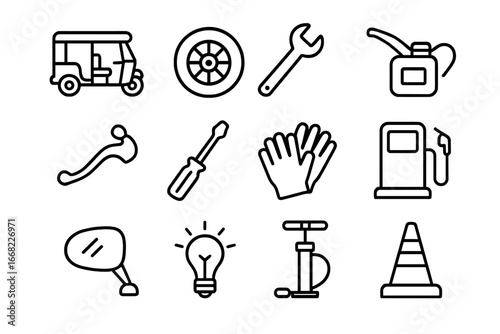 Tuk-Tuk Maintenance Icons. Outline icon set of tuk-tuk repair and maintenance: tuk-tuk, tire, wrench, oil can,