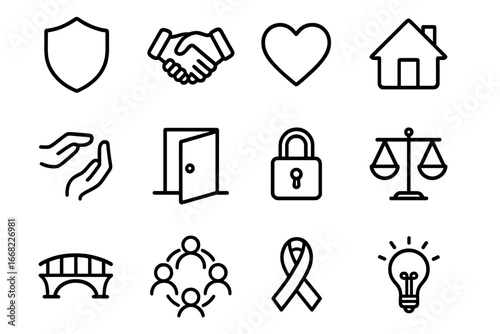 Trust Icon Set. Outline icon set of building trust: shield, handshake, heart, home, supportive hands, open