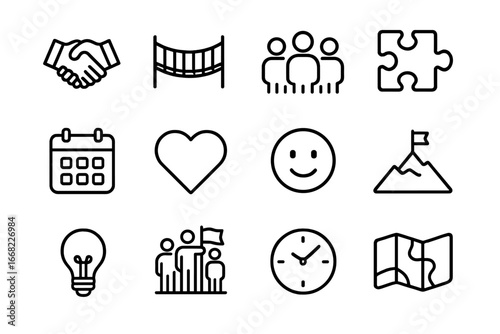 Trust-Building Icon Set. Outline icon set of trust-building activities: handshake, rope bridge, group of