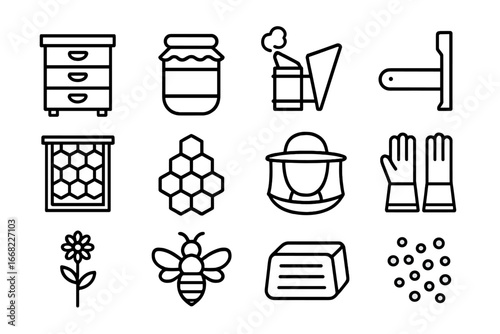 Urban Beekeeping Icons. Outline icon set of urban beekeeping: beehive box, honey jar, bee smoker, hive tool,