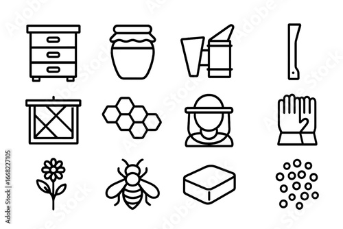 Urban Beekeeping Icons. Outline icon set of urban beekeeping: beehive box, honey jar, bee smoker, hive tool,