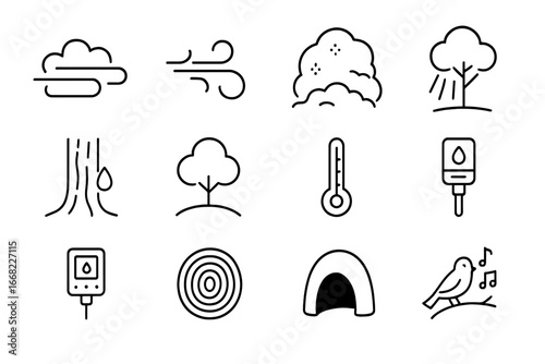Forest Microclimates Icons. Outline icon set of forest microclimates: fog bank, cool breeze, moss mat,