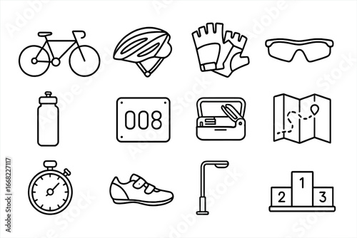 Urban Cycling Icon Set. Outline icon set of urban cycling race: city bike, helmet, gloves, sunglasses, water