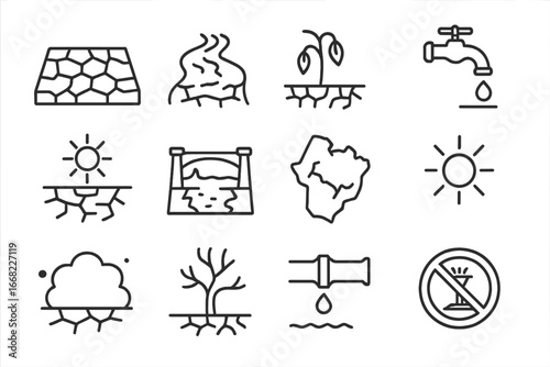 Drought Icons Grid. Outline icon set of drought expansion: cracked soil, dry riverbed, withered plant, water
