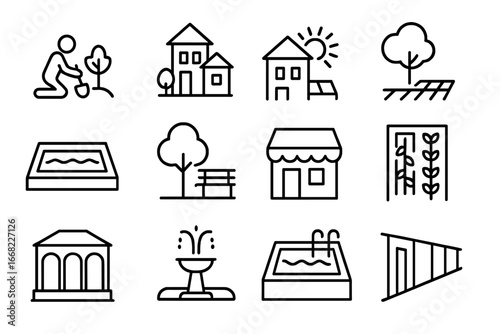Urban Cooling Icons. Outline icon set of reducing urban heat island effect: tree planting, green rooftops,