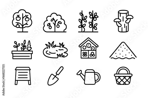 Urban Food Forest Icons. Outline icon set of food forests in cities: fruit tree, berry bush, climbing vine,