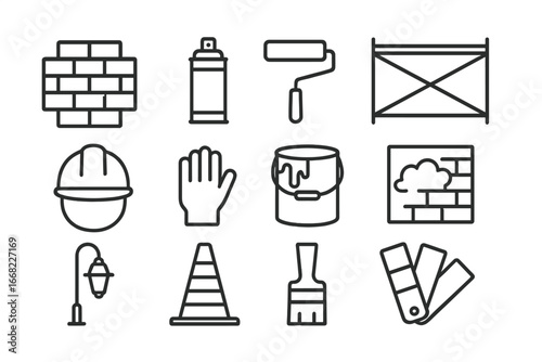 Urban Mural Icons. Outline icon set of urban mural painting: brick wall, spray paint can, roller, scaffolding,