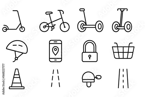 Urban Micro-Mobility Icons. Outline icon set of urban micro-mobility: kick scooter, folding bike, hoverboard,