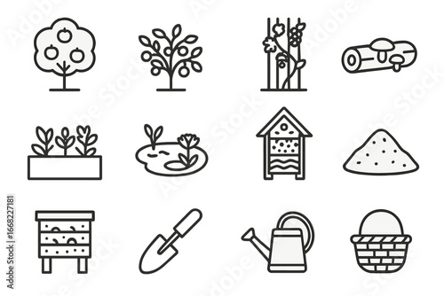 Urban Food Forest Icons. Outline icon set of food forests in cities: fruit tree, berry bush, climbing vine,