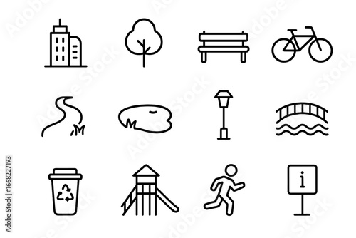 Urban Park Icons. Outline icon set of modern urban parks: skyscraper, tree, bench, bike, walking path, pond,