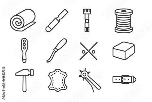 Leather Crafting Icons. Outline icon set of fine leather crafting: hide roll, swivel knife, stamping tool,