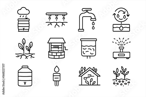 Urban Water Conservation Icons. Outline icon set of urban water conservation: rain barrels, drip irrigation,