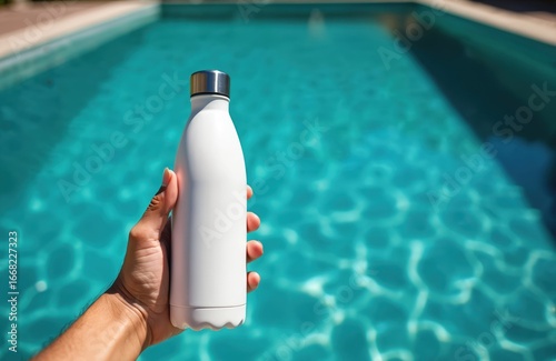 Hand holds white reusable sports water bottle near bright blue swimming pool. Hydration essential for fitness, outdoor activity, summer vacation. Stay refreshed, healthy lifestyle choice.