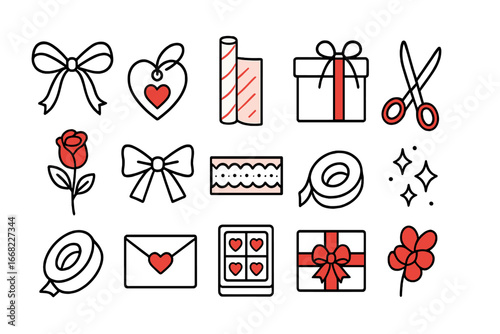 Valentine Gift Icons. Outline icon set of Valentine’s Day gift wrapping: red ribbons, heart-shaped tags, pink