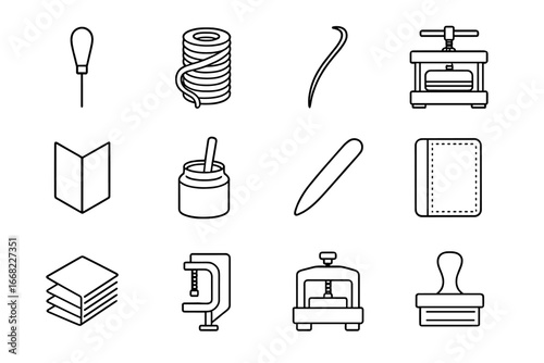 Bookbinding Craft Icons. Outline icon set of bookbinding craft: stitching awl, linen thread, binding needle,