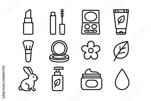 Vegan Cosmetics Icons. Outline icon set of vegan cosmetics: lipstick, mascara, eyeshadow palette, foundation