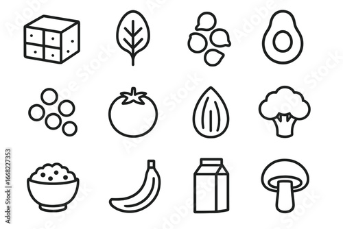 Vegan Food Icons. Outline icon set of vegan diet foods: tofu block, spinach leaf, chickpeas, avocado, lentils,