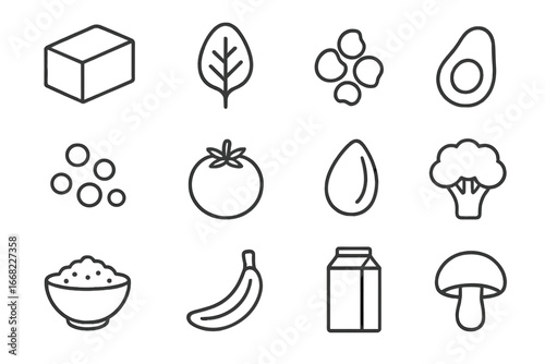 Vegan Food Icons. Outline icon set of vegan diet foods: tofu block, spinach leaf, chickpeas, avocado, lentils,