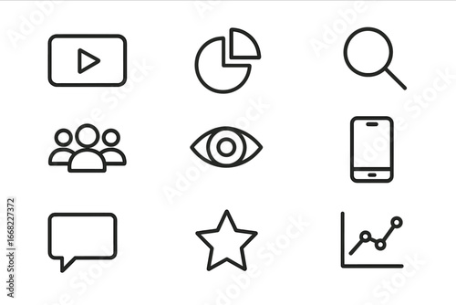 Viewer Analytics Icons. Outline icon set of viewer analytics: video play button, bar chart, pie chart,