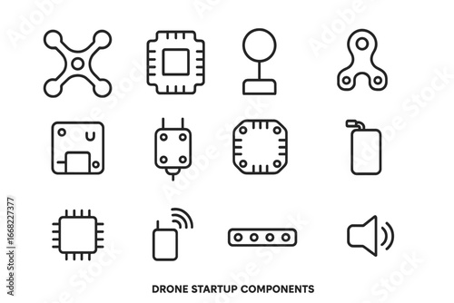 Drone Components Icons. Outline icon set of drone startup components: drone frame, circuit board, GPS antenna,