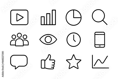 Viewer Analytics Icons. Outline icon set of viewer analytics: video play button, bar chart, pie chart,