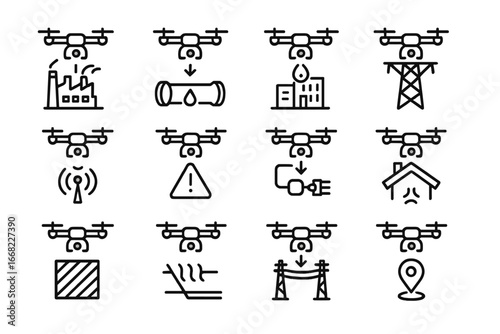 Industrial Drone Icons. Outline icon set of industrial drones: factory scan, pipeline check, structural survey