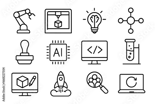 Innovation Icon Set. Outline icon set of innovation and technology: robot arm, 3D printer, innovation bulb,