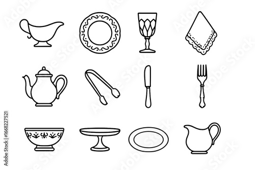 Vintage Tableware Icons. Outline icon set of vintage tableware: silver gravy boat, ornate plate, crystal glass