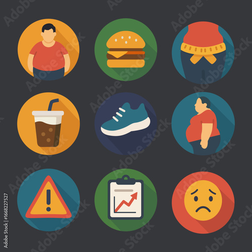Flat Design Icons of Obesity and Unhealthy Lifestyle
