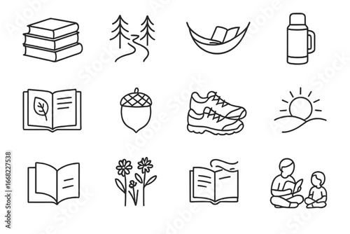 Book Lover's Icon Set. Outline icon set of book lovers in nature: book stack, forest trail, hammock, thermos,
