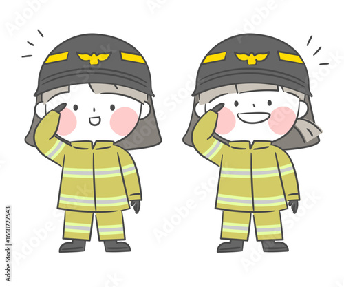 A drawing of firefighter children character who salutes