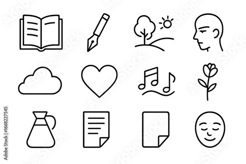 Poetry Icon Set. Outline icon set of poetry reading moments: poetry book, fountain pen, scenic spot, reading