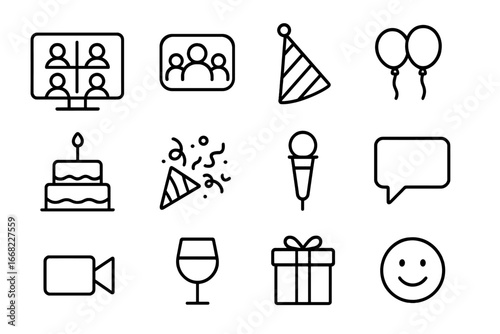 Virtual Gathering Icons. Outline icon set of virtual family gatherings: monitor, group call icon, party hat,