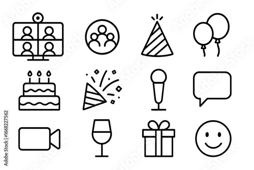 Virtual Gathering Icons. Outline icon set of virtual family gatherings: monitor, group call icon, party hat,