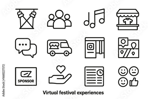 Virtual Festival Icons. Outline icon set of virtual festival experiences: stage lights, crowd avatars, live