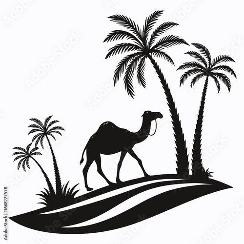 Camel at desert oasis silhouette