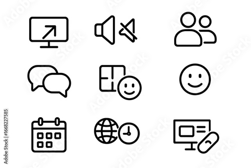 Virtual Meeting Icons. Outline icon set of virtual meeting tools: screen share, mute button, camera icon,