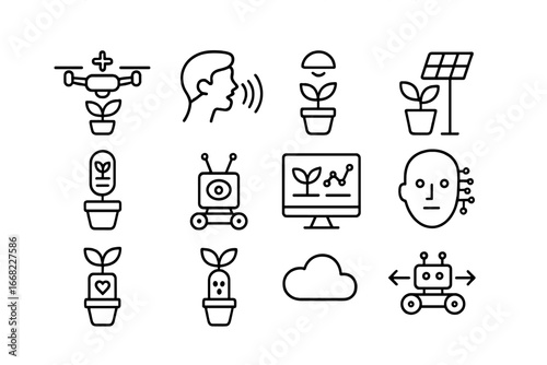 Future Plant Care Icons. Outline icon set of future plant care: care drone, voice command, adaptive light,
