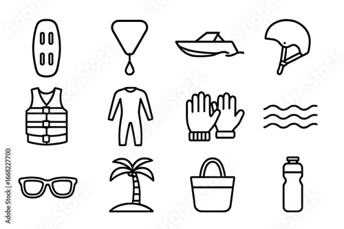 Wakeboarding Icon Set. Outline icon set of wakeboarding: wakeboard, tow rope, boat, helmet, life vest, wetsuit