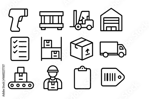 Warehouse Icon Set. Outline icon set of warehouse and inventory management: barcode scanner, pallet, forklift,