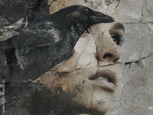 Woman and Raven Collage Art: Stone Texture Background