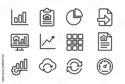 Warehouse Data Icons. Outline icon set of warehouse data and analytics: bar chart, stock report, pie chart,