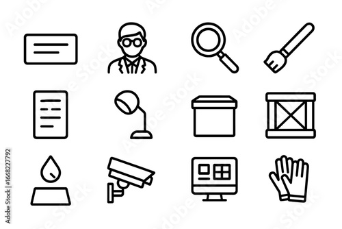 Museum Curation Icons. Outline icon set of museum curation tools: artifact label, curator icon, magnifying